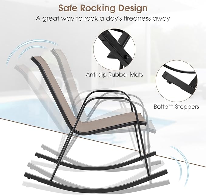 Giantex Outdoor Rocking Chairs Set of 2, Patio Rocking Chairs w/Breathable Seat & Back, Heavy-Duty Metal Support, Ergonomic Outside Rocker for Backyard, Poolside, Garden (2, Brown)