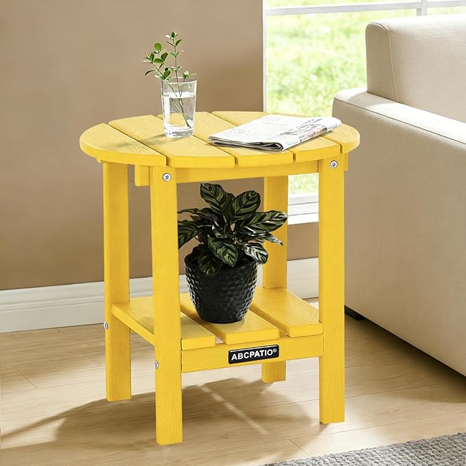 Outdoor Side Table Round - Patio Side Tables - HDPE Small Outdoor End Table for Backyard Pool Porch Balcony - Double Layer Storage - Yellow (Wood Grain Finish)