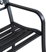 50" Outdoor Bench, Metal Garden Bench with Floral Pattern Backrest, Porch Bench with Slatted Seat for Park, Yard, Lawn - Photo 4