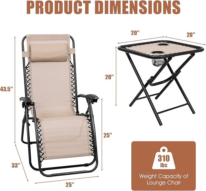Goplus Zero Gravity Chair Set, 3 Pieces Outdoor Lounge Chair Recliners w/Side Table, Headrest and Cup Holders - Photo 4