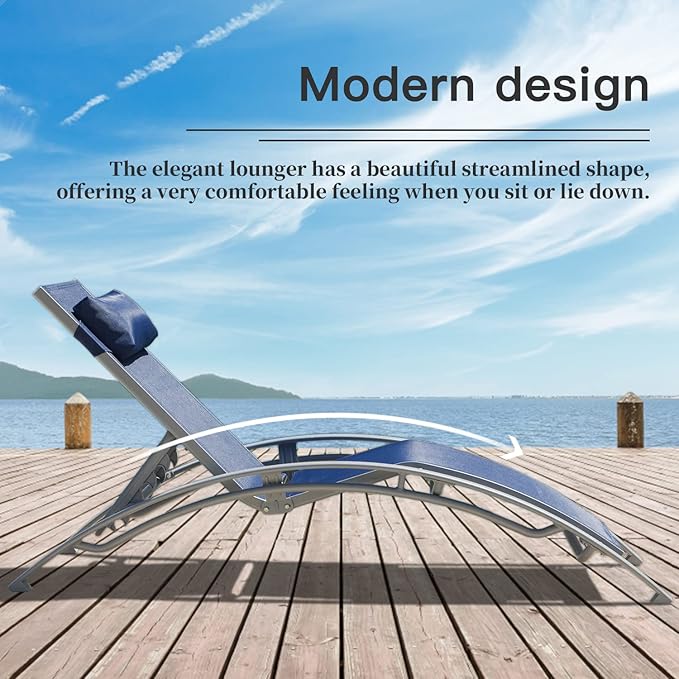 Domi Lounge Chair Set of 3, Aluminum Lounge Chairs for Outside with 5 Adjustable Positions, Chaise Lounge Outdoor for Pool, Garden, Beach, 2 Pool Chairs and 1 Side Table(Blue)