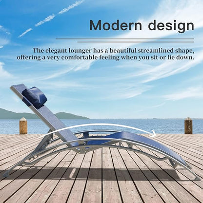 Domi Lounge Chair Set of 3, Aluminum Lounge Chairs for Outside with 5 Adjustable Positions, Chaise Lounge Outdoor for Pool, Garden, Beach, 2 Pool Chairs and 1 Side Table(Blue)