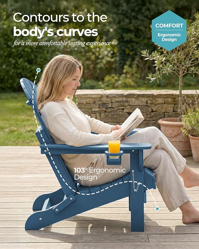Ciokea Folding Adirondack Chair 4 Pack, Patio Adirondack Chair Weather Resistant, Plastic Fire Pit Chair with Cup Holder - Photo 5