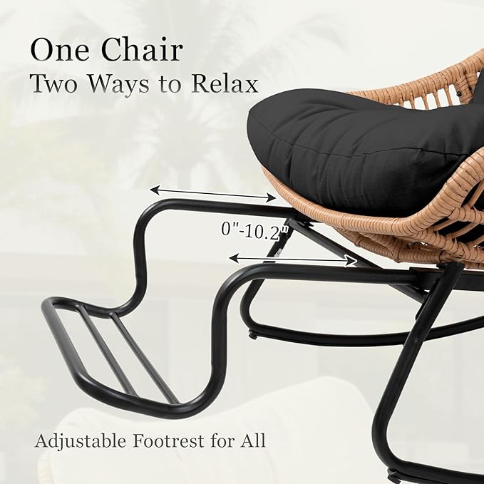 Outdoor Papasan Rocking Chair with Adjustable Footrest, Comfy Outdoor Lounge Chairs Heavy Duty Oversized Rocking Egg Chair Perfect for Patio Deck Garden and Indoor Use