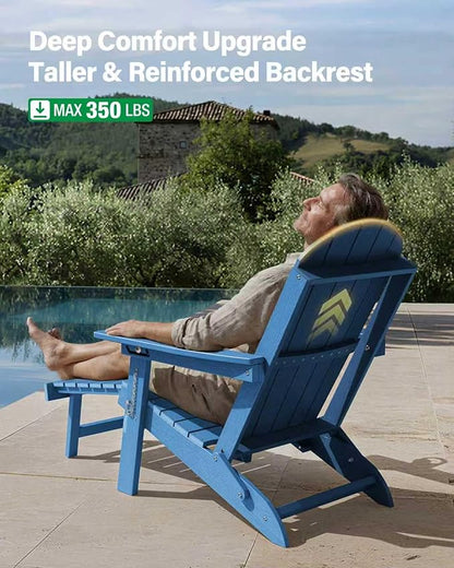 YEFU Folding Adirondack Chair with Footrest: Adjustable Adirondack Chairs with Retractable Ottoman - Sturdy HDEP Plastic with Cup Holder - All Weather for Outdoor/Patio/Fire Pit/Outside/Pool(Blue)
