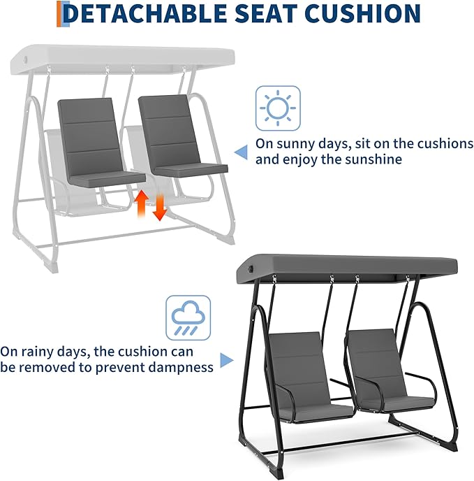 2-Person Patio Porch Swing Chair, Heavy Duty Outdoor Glider with Adjustable Canopy, High Backrest, Removable Cushions - Photo 4