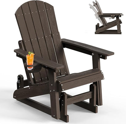 3-Position Adjustable Adirondack Chair with Cup Holder, HDPE All-Weather Outdoor Glider Chair, Wood-Grain Fire Pit Chairs for Pool, Yard, Deck (Coffee Brown)