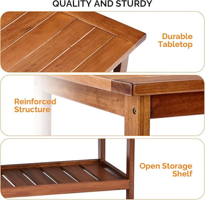 VINGLI Outdoor Wooden Coffee Table, 2-Tier Storage Rectangle Patio Coffee Table for Outside, Solid Wood Low Outdoor Table for Balcony Porch and Deck