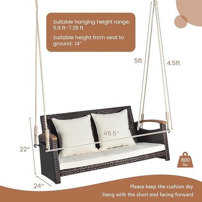 HAPPYGRILL 2-Seater Hanging Swing, Outdoor PE Rattan Hanging Swing with Curved Acacia Wood Armrests, Padded Cushions, Porch Swing Bench, Perfect for Patio Garden Deck, 800 lbs Weigh Capacity