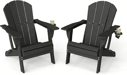 Kingdura Folding Adirondack Chairs Set of 2, Portable HDPE All Weather Resistant Outdoor Patio Chair, Wooden Textured with Cup Holder, 380LBS Capacity for Poolside, Backyard, Fire Pit (Black)