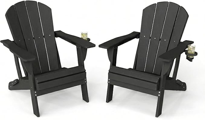 Kingdura Folding Adirondack Chairs Set of 2, Portable HDPE Outdoor Patio Chair with Wooden Textured & Cup Holder, All Weather Resistant, 380LBS Capacity for Pool, Backyard, Balcony, Fire Pit (Black)