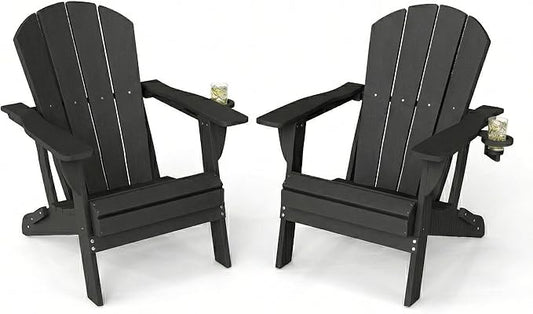 Kingdura Folding Adirondack Chairs Set of 2, Portable HDPE Outdoor Patio Chair with Wooden Textured & Cup Holder, All Weather Resistant, 380LBS Capacity for Pool, Backyard, Balcony, Fire Pit (Black)