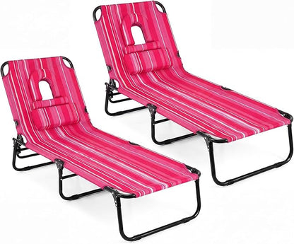 GYMAX Tanning Chair, Folding Lounge Chairs with Face Hole & Cover, Removable Pillow Carry Handle, Portable Compact Outdoor Layout Recliner for Beach, Poolside, Lawn, Patio, Camping (Pink Stripe,2)
