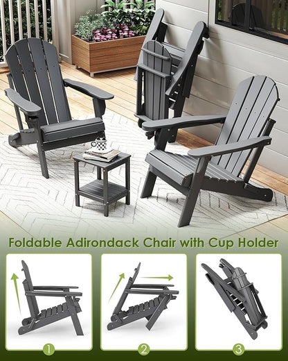 GREENVINES Folding-Adirondack-Chairs-Set-of-6 | HDPE Plastic | Fire Pit Chair | All Weather | Cup Holder | Grey | for Deck Backyard Patio Outdoor Garden