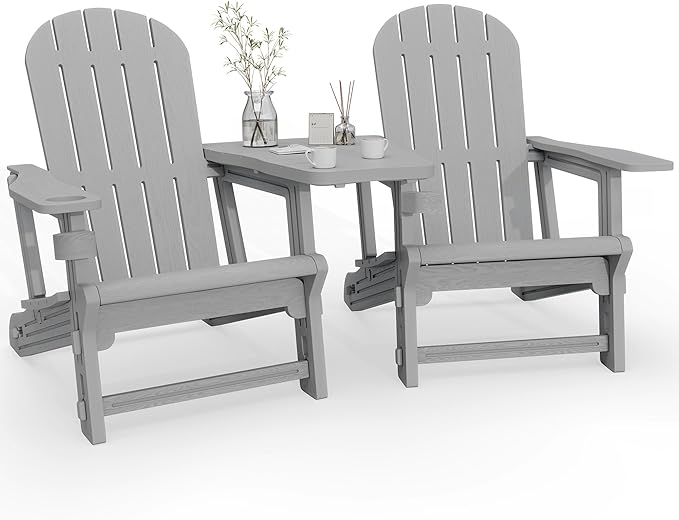 Vongrasig Adirondack Chairs Set of 2 with Removable Tabletop, All-Weather HDPE Outdoor Chair Set with Wooden Textured, Cup Holder for Patio, Poolside, Deck, Garden, Light Grey