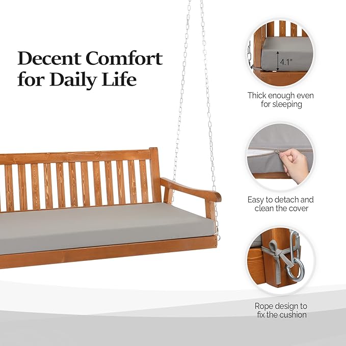 VINGLI 6 FT Upgraded Pine Wood Porch Swing Daybed, Heavy Duty Porch Bench Swing with 880 LBS Adjustable Chains - Photo 3