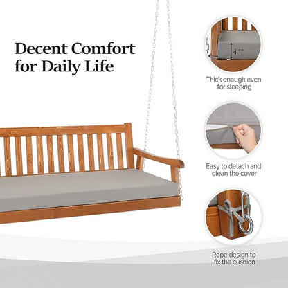 VINGLI 6 FT Upgraded Pine Wood Porch Swing Daybed, Heavy Duty Porch Bench Swing with 880 LBS Adjustable Chains, Patio Porch Swing for Garden, Balcony, Backyard, Grey Cushions, Finished in Brown