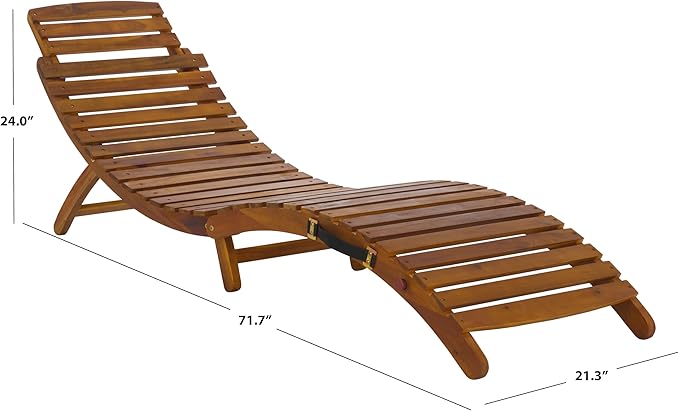 SAFAVIEH Outdoor Patio Furniture Collection - Fanty Brown Solid Wood Folding Chaise Lounge Chair, Slatted Teak-Style Design, Portable Sun Lounger with No Cushion (PAT6803A)