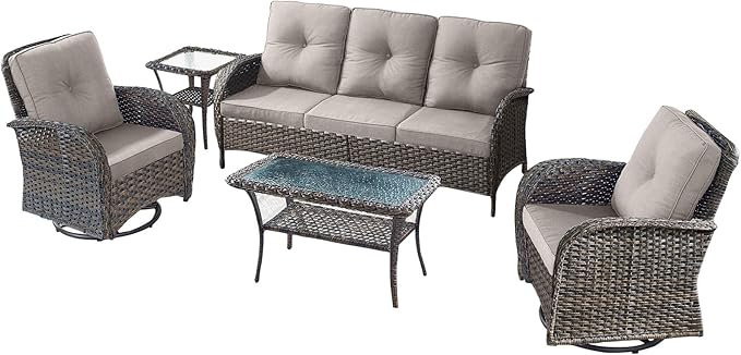 5 Pieces Wicker Patio Furniture Set-Outdoor Swivel Rocker Patio Chairs Patio Sofa Set with Tempered Glass Top Outdoor Coffee Table for Deck Lawn Porch Balcony Poolside-Brown/Beige