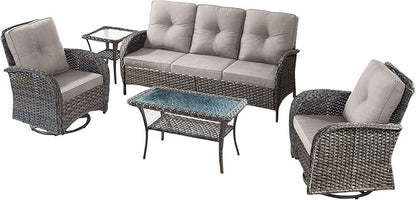 5 Pieces Wicker Patio Furniture Set-Outdoor Swivel Rocker Patio Chairs Patio Sofa Set with Tempered Glass Top Outdoor Coffee Table for Deck Lawn Porch Balcony Poolside-Brown/Beige