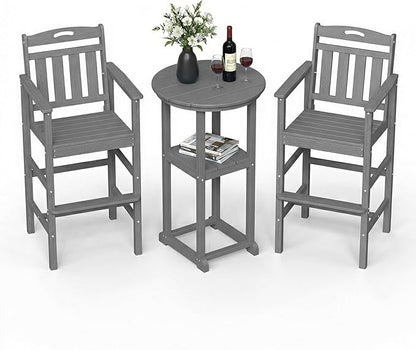 Ciokea 3-Pcs Bistro Table and Chairs, All-Weather Round High Top Bar Table with Storage Shelf and 2 Oversized Adirondack Chairs, Heavy Duty Outdoor Bar Set Patio Bistro Set for Balcony Deck, Grey