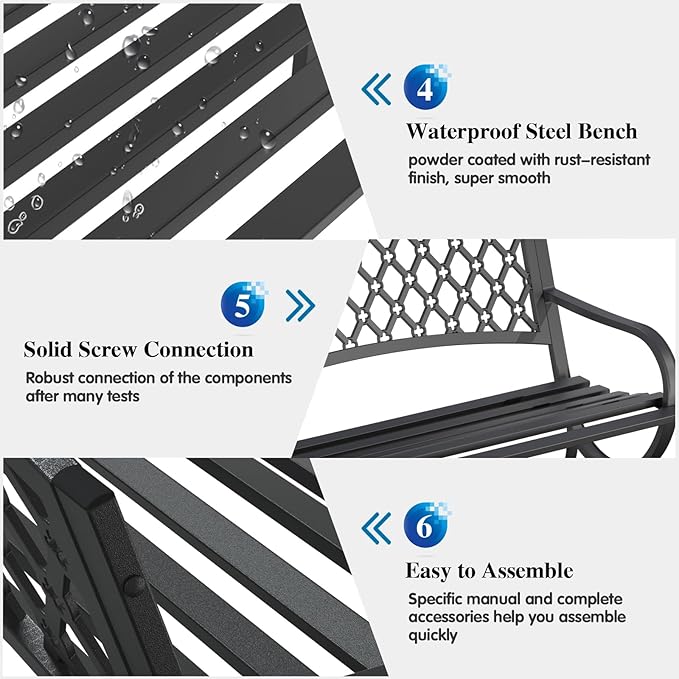 On Shine 50'' Patio Garden Bench, Loveseats Patio Park Bench, Black Steel Cast Iron Frame Bench - Photo 5