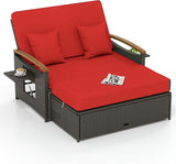 Tangkula Patio Rattan Daybed with 4-Level Adjustable Backrest, Outdoor Wicker Loveseat with Acacia Wood Armrest - Photo 1