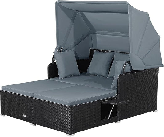 LDAILY Moccha Outdoor Daybed with Retractable Canopy, Wicker Cabana with 2 Side Tables & Soft Cushions,Hand-Woven PE Rattan Bed Lounger, Patio Sectional Furniture Set for Garden Backyard Porch (Grey)