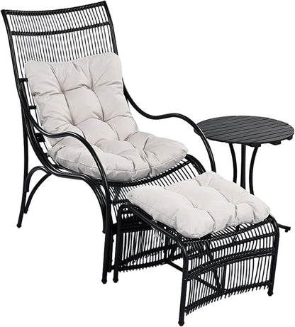 Christopher Knight Home Hanley Patio Wicker Lounge Chair with Ottoman Footrest+Coffee Table, 3-Piece Outdoor Furniture Set for Porch/Balcony/Deck/Backyard, Metal Frame and Soft Cushions, Beige+Black