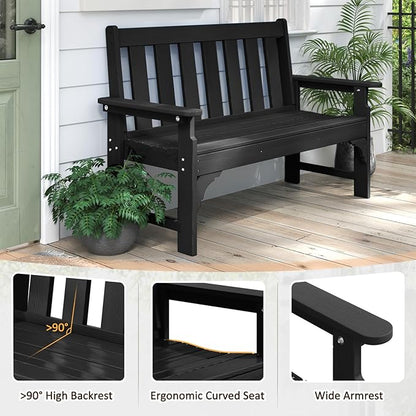 nalone Outdoor Bench, HDPE All Weather Patio Bench Load up to 800 Lbs, 2-Person Garden Bench Rot-Proof Fade Proof for Patio, Porch, and Park (Black)