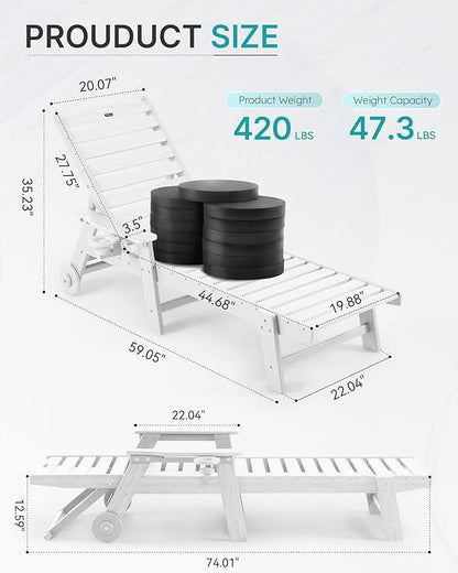 Chaise Lounge Chair Outdoor with Wheels, Oversize Patio Lounge Chairs with Wood Texture, 5-Position Plastic Lounge Chairs Set of 2-White(Separate Delivery)