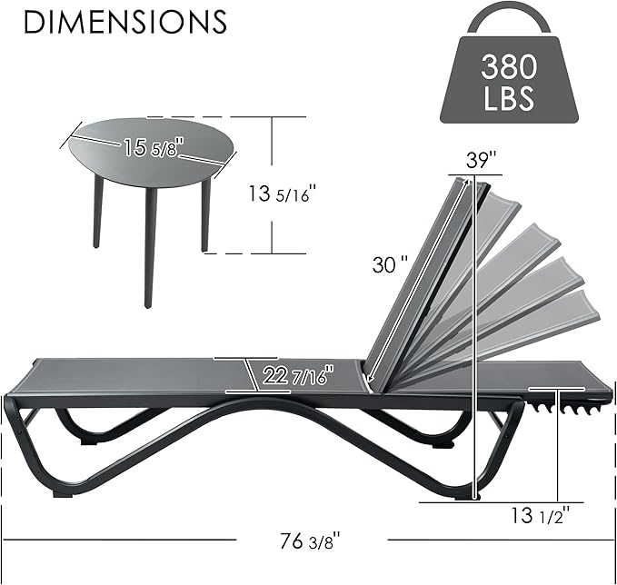 Kozyard Outdoor Chaise Lounge Chair, Full Aluminum Frame and Textilene Fabric, Adjustable Reclining Patio Lounger for Poolside, Sunbathing & Backyard (Gray, 2Chairs with Table)