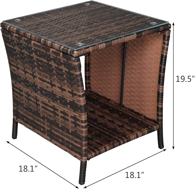 Outvita Outdoor Side Table, Rattan Coffee Table Small End Table with Glass Top Storage for Patio Porch Backyard Balcony
