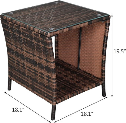 Outvita Outdoor Side Table, Rattan Coffee Table Small End Table with Glass Top Storage for Patio Porch Backyard Balcony