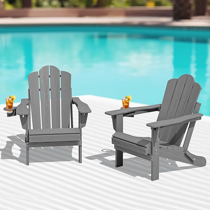 KINGYES Folding Adjustable Adirondack Chairs Set of 2, HDPE All Weather Use Reclining Adirondack Chair, Outdoor Adirondack Chair - Grey