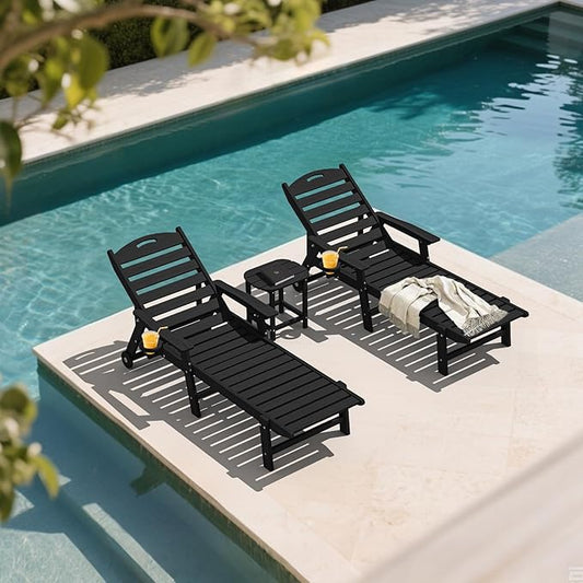 Plawdlik Oversized Patio Chaise Lounge, 5 Positions Adjustable HDPE Outdoor Lounge Chair with Rolling Wheels & Cup Holder,All-Weather for Poolside, Beach, Garden - Black