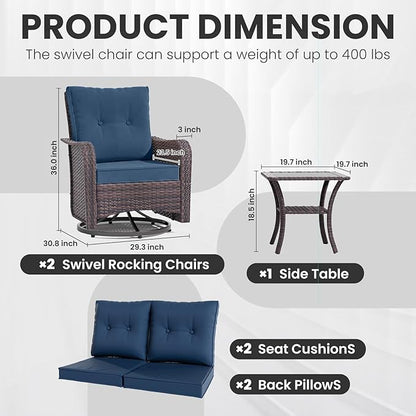 Gotland Outdoor Swivel Chairs Set of 2, 3 Pieces Patio Furniture Set with Thick Cushion, Wicker Rocking Patio Chairs Set of 2, Patio Bistro Set with Double-Layer Coffee Table for Balcony Porch Navy