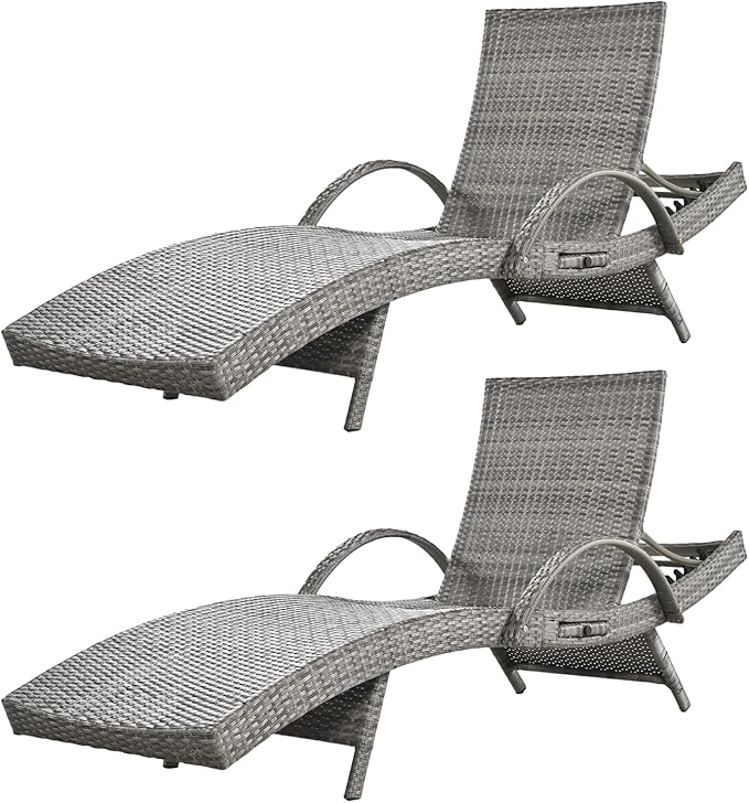 80'' Outdoor Wicker Chaise Lounge Chairs Set of 2, Patio Rattan Reclining Chair with Pull-Out Side Table - Photo 1