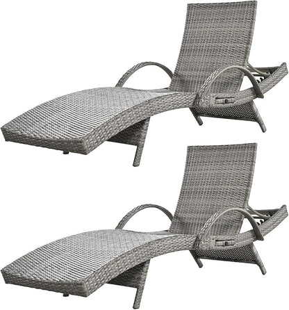 80'' Outdoor Wicker Chaise Lounge Chairs Set of 2, Patio Rattan Reclining Chair with Pull-Out Side Table, Adjustable Backrest for Beach, Poolside, Garden, Backyard, Grey
