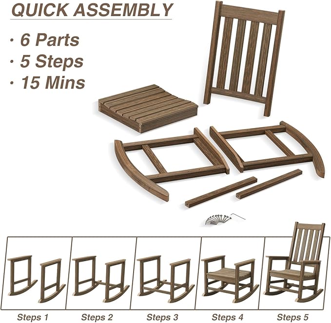 Outdoor Rocking Chair Set of 4, HDPE Oversized Patio Rocking Chairs, Weather Resistant, 350lbs Heavy Duty Porch Rocker with High Back for Backyard, Fire Pit, Garden and Indoor (Bright Brown)