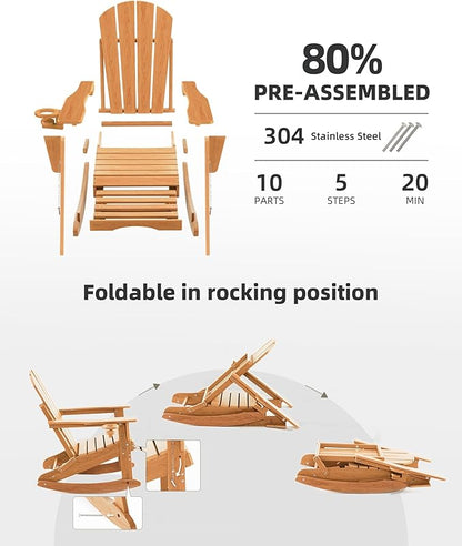 Folding Adirondack Rocking Chair Set of 2,4-in-1 Multifunctional Patio Chairs with Retractable Ottoman, Outdoor Chairs Wood Texture, Lawn Chair for Porch, Backyard, Pool(Teak)