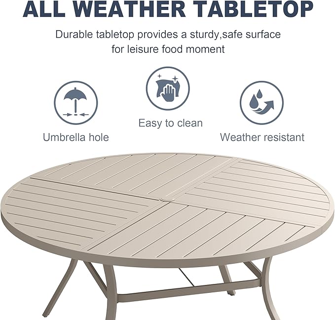 VICLLAX 50" Round Patio Dining Table for 6, All Weather Metal Outdoor Table with 1.57" Umbrella Hole and Surdy Frame for Garden Lawn Deck, Sandshell