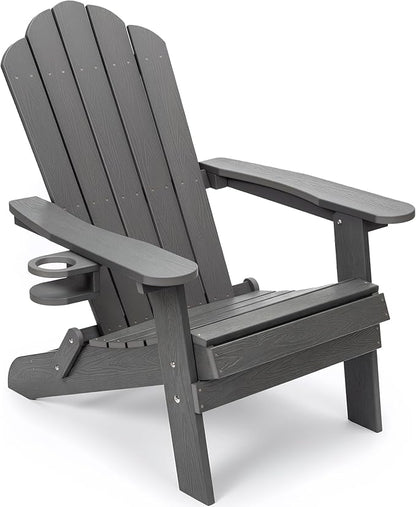 JEKO&JEKO Folding Adirondack Chair, All-Weather Outdoor Chair with Cup Holder, Plastic Adirondack Chair for Patio, Garden, Lawn, Porch, Deck, Backyard – Gray