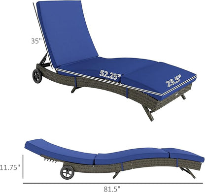 Outsunny Wicker Chaise Lounge Chair Outdoor with Wheels & Cushion, PE Rattan Patio Lounge Chair with 5-Level Adjustable Backrest for Poolside, Garden, Dark Blue