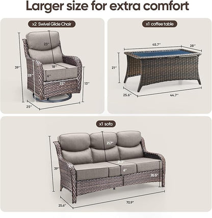 Swivel Patio Chairs sofa Set of 4 with 6" Thick Cushion - Wicker Outdoor Swivel Rocker Patio Chair ,Sofa/Glass coffee table, High Back Comfortable Outdoor Glider Chairs - Brown Wicker Grey Cushions