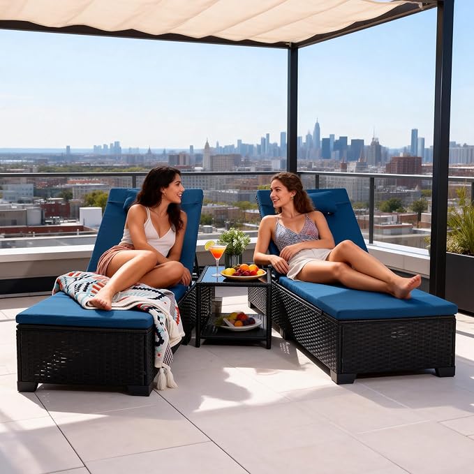 Patio Chaise Lounge Outdoor Lounge Chair Chaise Lounger Patio Reclining Chair with Angle Adjustment by PE Rattan Aluminum Alloy for Courtyards Poolside Garden Beaches Clearance (Slate Blue)