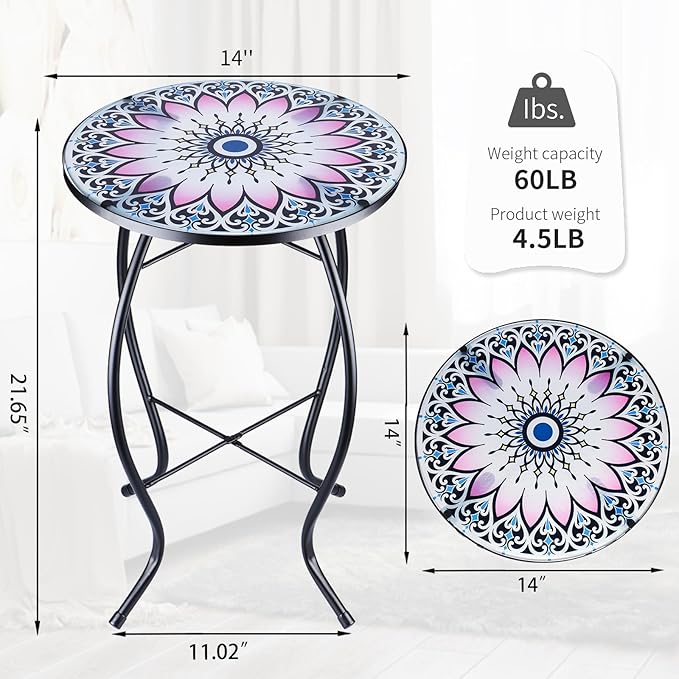 VCUTEKA Outdoor Side Table Mosaic End Table Patio Side Table Small End Tables Glass Top Round Balcony Coffee Porch Indoor Glass Top Flower 14''