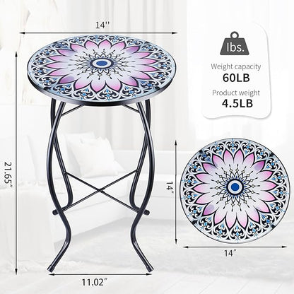 VCUTEKA Outdoor Side Table Mosaic End Table Patio Side Table Small End Tables Glass Top Round Balcony Coffee Porch Indoor Glass Top Flower 14''
