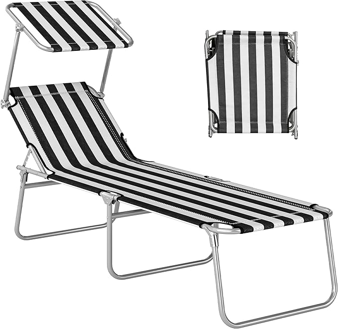 Outsunny Outdoor Lounge Chair, Adjustable Folding Chaise Lounge, Tanning Chair with Sun Shade for Beach, Camping, Hiking, Backyard, Black and White