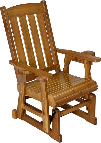 Fortune Candy Wooden Patio Glider for One Person, with High Back and Deep Contoured Seat, Solid Fir Wood, Heavy Duty 600 LBS (Teak Tone, 1-Seater)